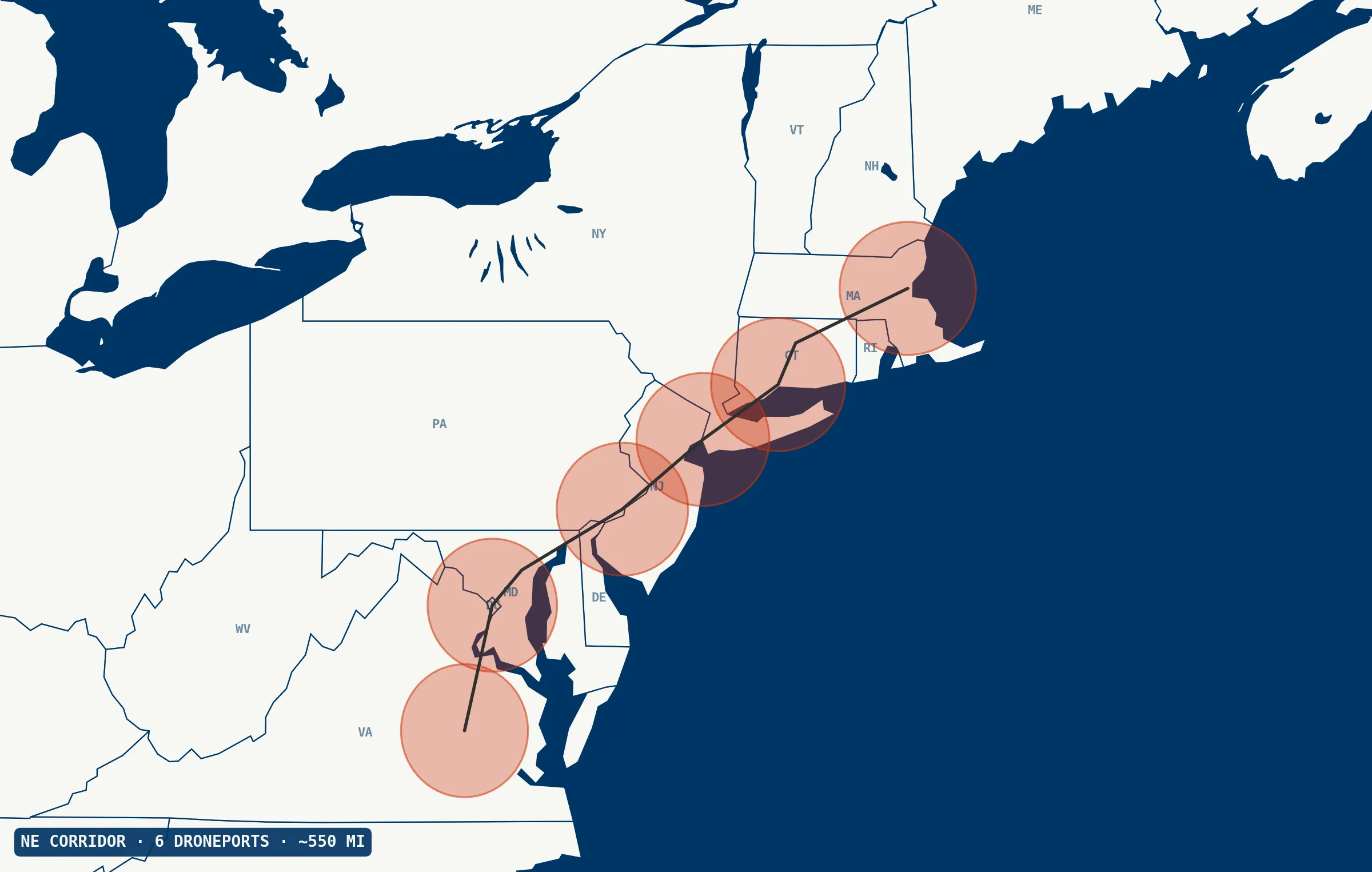 Northeast Corridor coverage map · networked Droneforce fleet